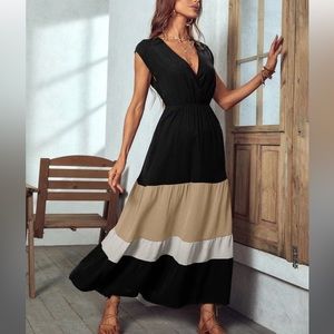 SHEIN LUNE Colorblock Surplice Neck Ruffle Hem Dress